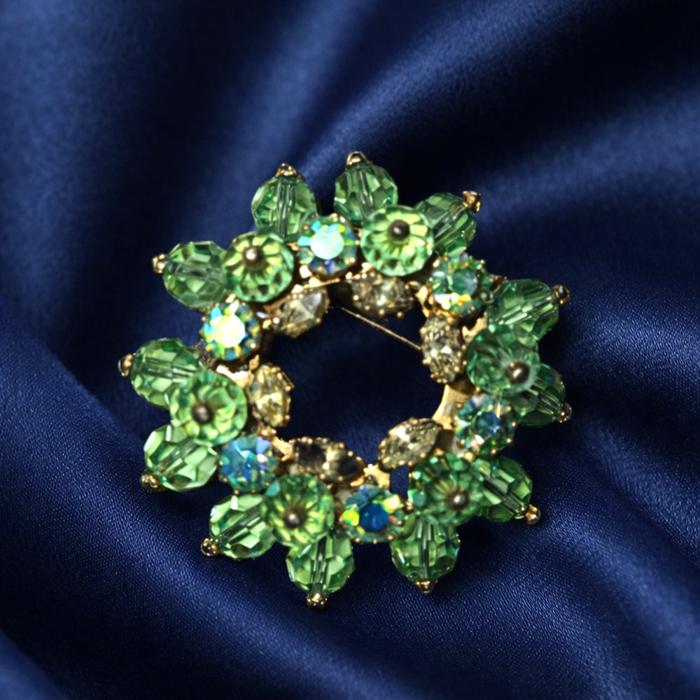Vintage Austria Smoky Topaz Rhinestone Sunburst Brooch Gold Tone